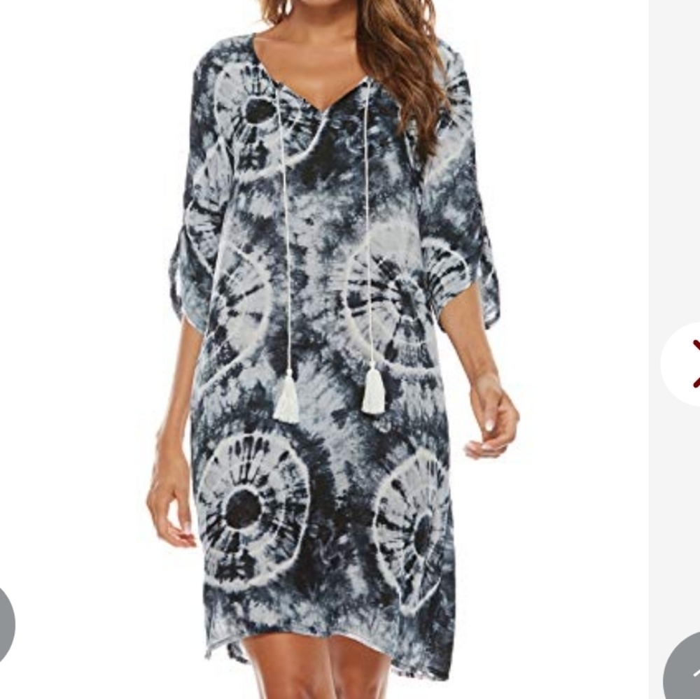 Halife Tie Dyed Dark Blue & White Printed Tassel Tie Neck  Cover Up Size M